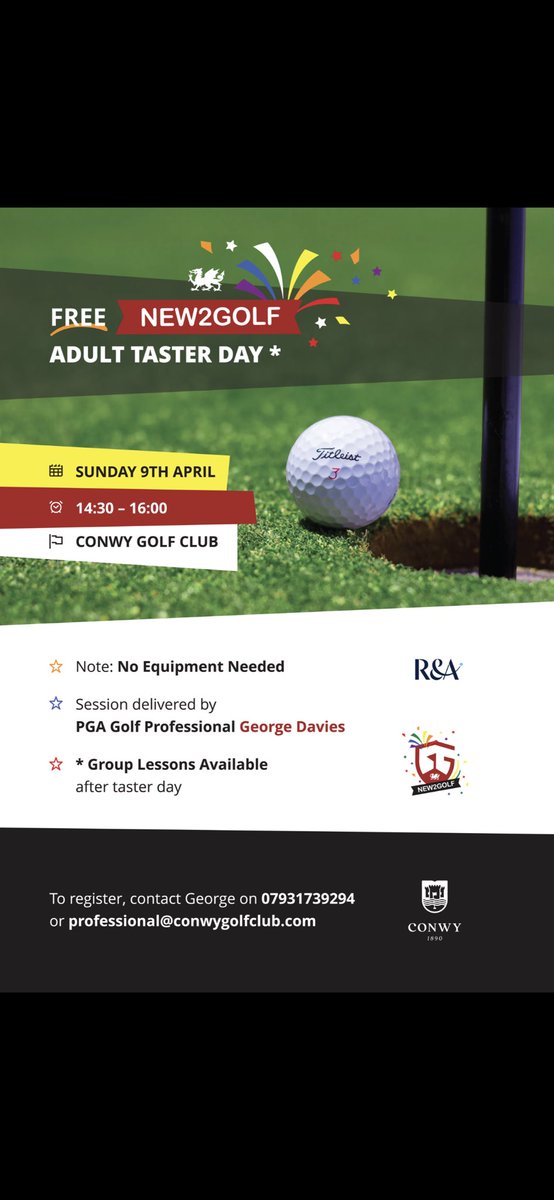 It’s not too late to get your name down for our FREE New2Golf adult taster day 9th April! 6 hours of group golf lessons available starting 16th👌🏻 @conwygolfclub