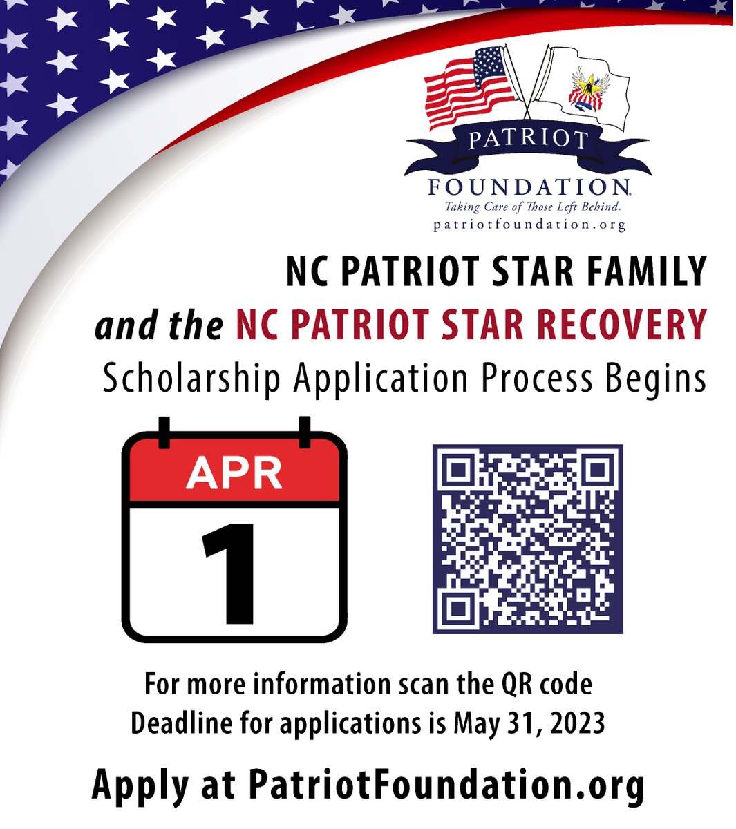 @PatriotFound NC Patriot Star Family Scholarship Programs provide scholarships. Applicants must be NC resident accepted to NC institutions. Scholarship application cycle for the 2023-2024 academic year is April 1 through May 31. Learn more and apply -> patriotfoundation.org/nc-patriot-sta…