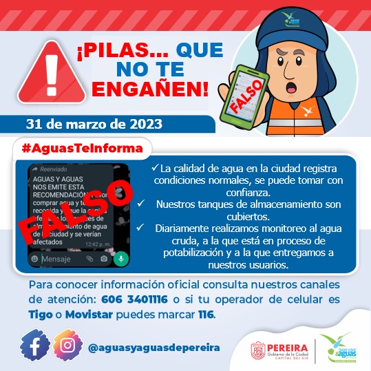 CaracolPereira's tweet photo. #ServicioSocial | Es importante atender solo a la información que entregan las fuentes oficiales.
#FalsaAlerta 
@Alcaldiapereira @AguasPereira https://t.co/vCSVYRX6oN
