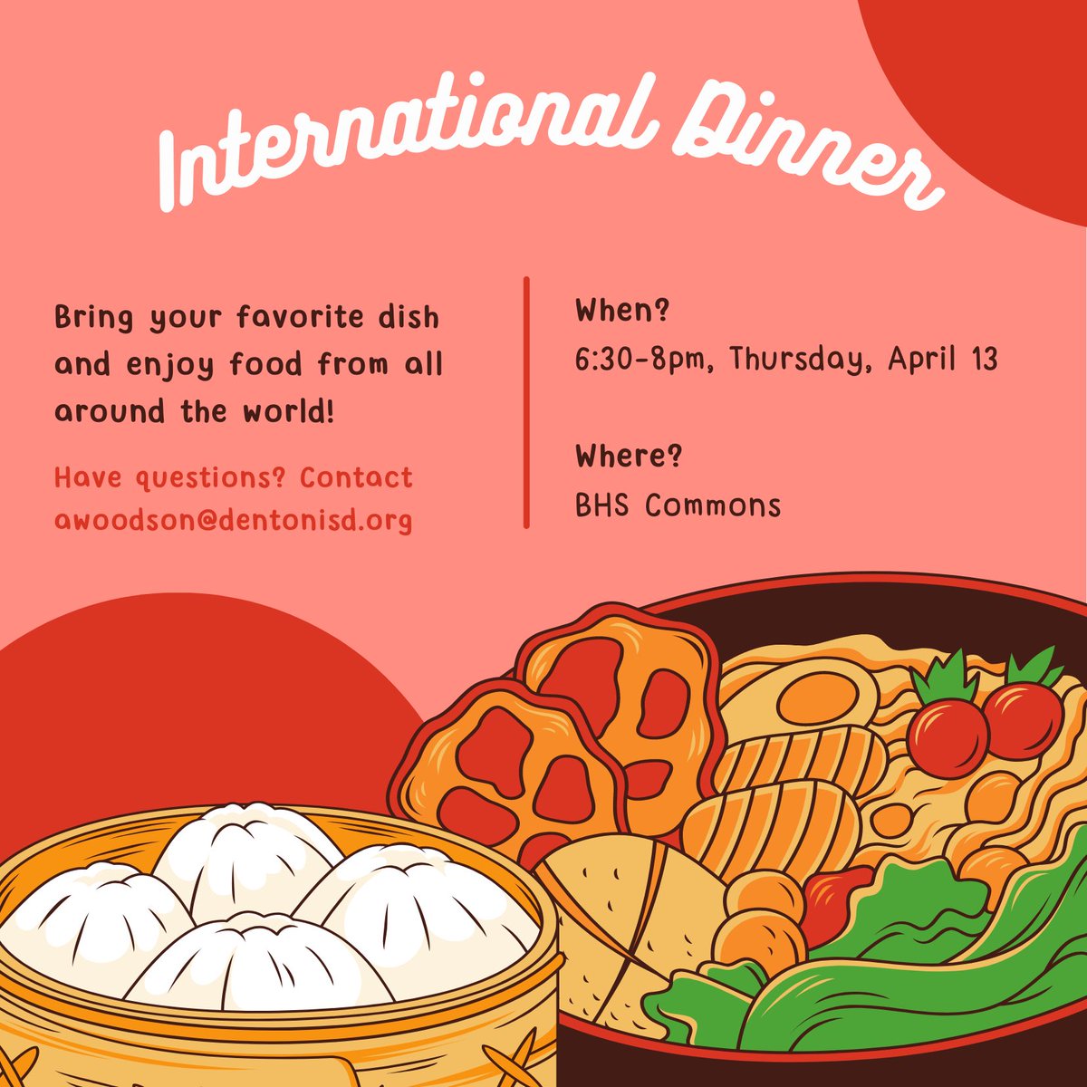 Braswell Media (@braswellmedia) on Twitter photo International dinner is BACK!
Donโt miss out on some good eats from around the world. ๐ฅ ๐ฑ ๐ฒ
Bring a dish and enjoy a hearty, culture-packed meal in the Commons on April 13th at 6:30pm.
<a href="/braswellhs/">Braswell High School</a> <a href="/CSOSUAVE17/">Mr. Hailey</a> <a href="/dentonisd/">Denton ISD</a> International dinner is BACK!
Donโt miss out on some good eats from around the world. ๐ฅ ๐ฑ ๐ฒ
Bring a dish and enjoy a hearty, culture-packed meal in the Commons on April 13th at 6:30pm.
<a href="/braswellhs/">Braswell High School</a> <a href="/CSOSUAVE17/">Mr. Hailey</a> <a href="/dentonisd/">Denton ISD</a>