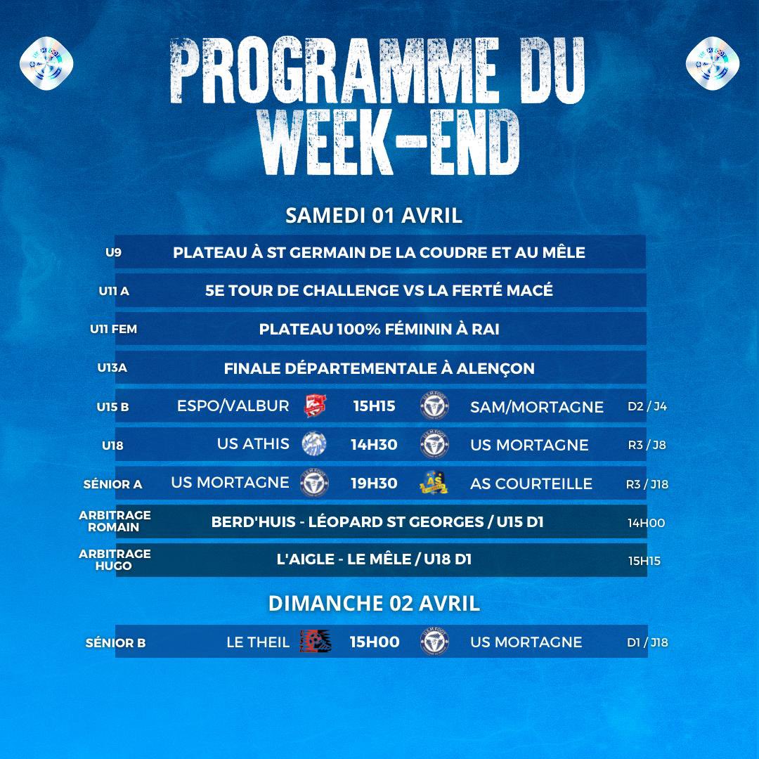 UsMortagne's tweet photo. 🔹Le programme de ce week-end ! 👀

Bon match à toutes et à tous ! 💪

🔵⚪️ https://t.co/xBmKkaprcO