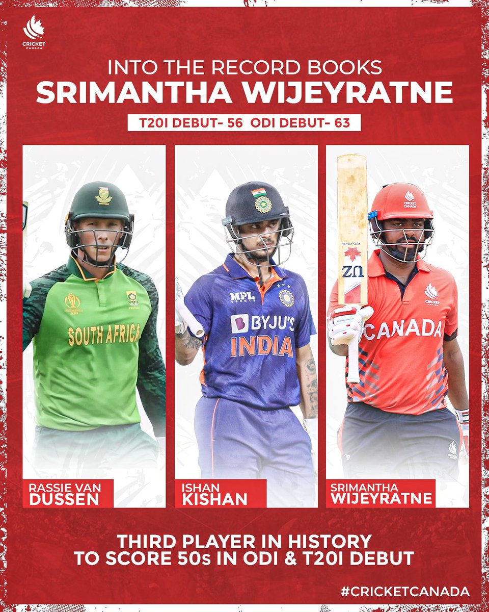 🇨🇦 Srimantha Wijeratne entered the @icc history books against Jersey for becoming only the 3rd batter to score 50s on debut in ODIs & T20Is 

🇿🇦 @Rassie72 & 🇮🇳 @ishankishan51 are the other 2 who hold the same record.

#cricketcanada #southafricacricket #indiancricket @ICC #icc