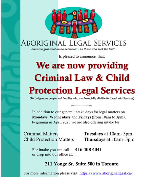 Aboriginal Legal Services is now providing criminal law and child protection legal services. Please see poster for more details