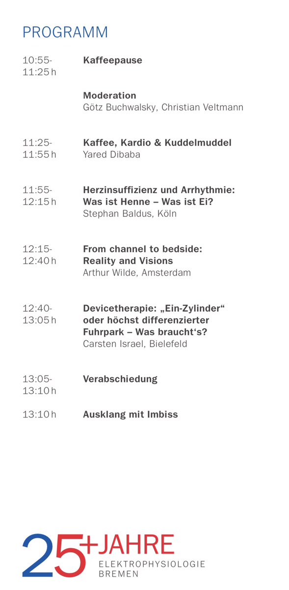 DrV_Mann's tweet photo. 25 Jahre EP-Bremen 🍾🍾🍾

JUBILÄUMSSYMPOSIUM

🎯 06.05.23 im Heizwerk in Bremen
🎯 High end Rhythmologie mit
🎯 Referenten: Karl-Heinz Kuck, @ArthurWilde5, Stephan Baldus, Nicolas Doll, Carsten Israel 
+ YARED DIBABA
Mehr Infos 👇🏻

@DavidDuncker @AGEP_DGK @YoungDgk @DGK_org https://t.co/58b6ZhWyES