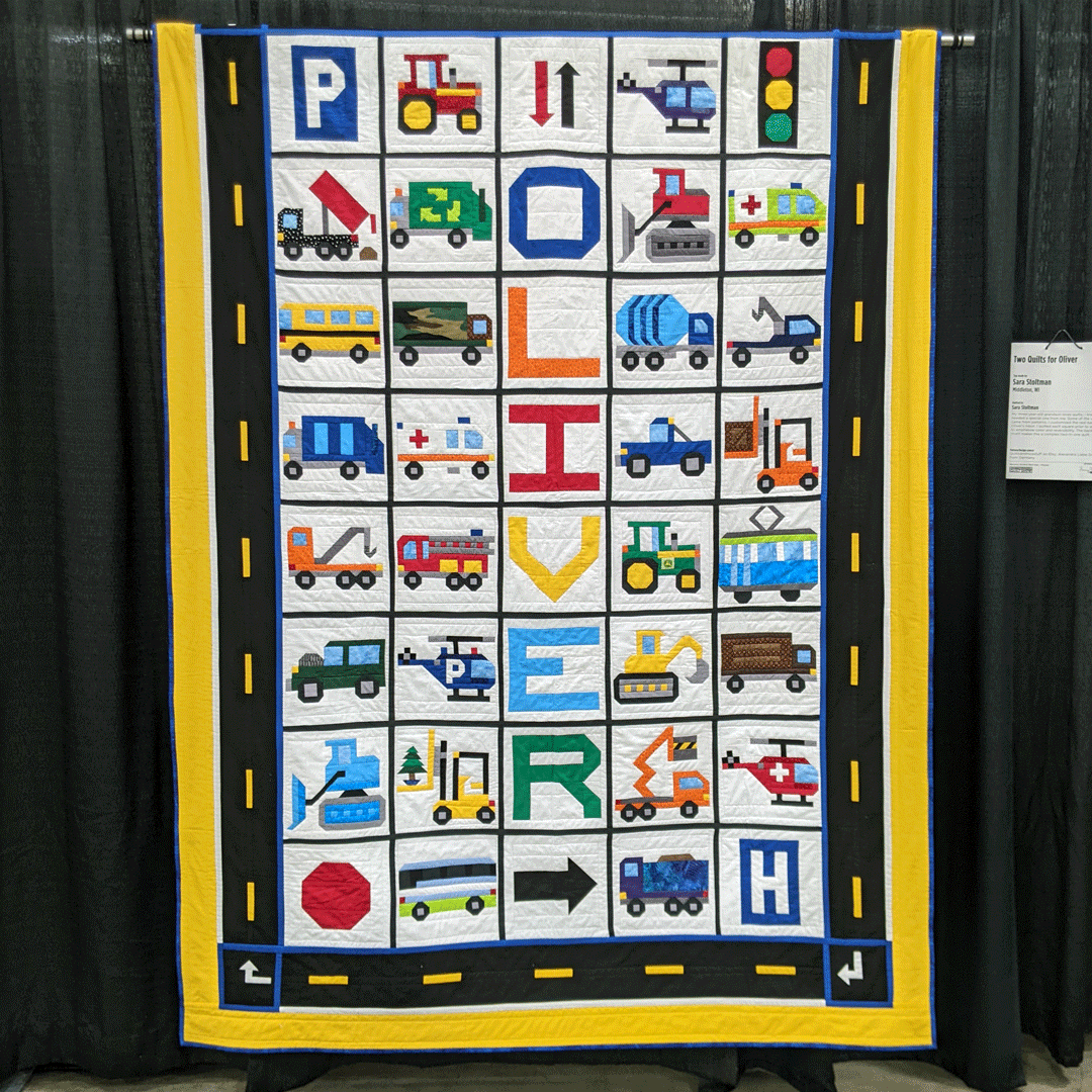 WIQuiltShow's tweet photo. "Two Quilts for Oliver," created and quilted by Sara Stoltman of Middleton, Wisconsin, entered in the 2022 Quilt Contest, Machine Quilted Bed Size - Pieced category.

Pattern/design source: Quiltsandnicestuff on Etsy, Alexandria Liebe Grusse from Germany. #WisconsinQuiltShow https://t.co/5fHPiLm05r