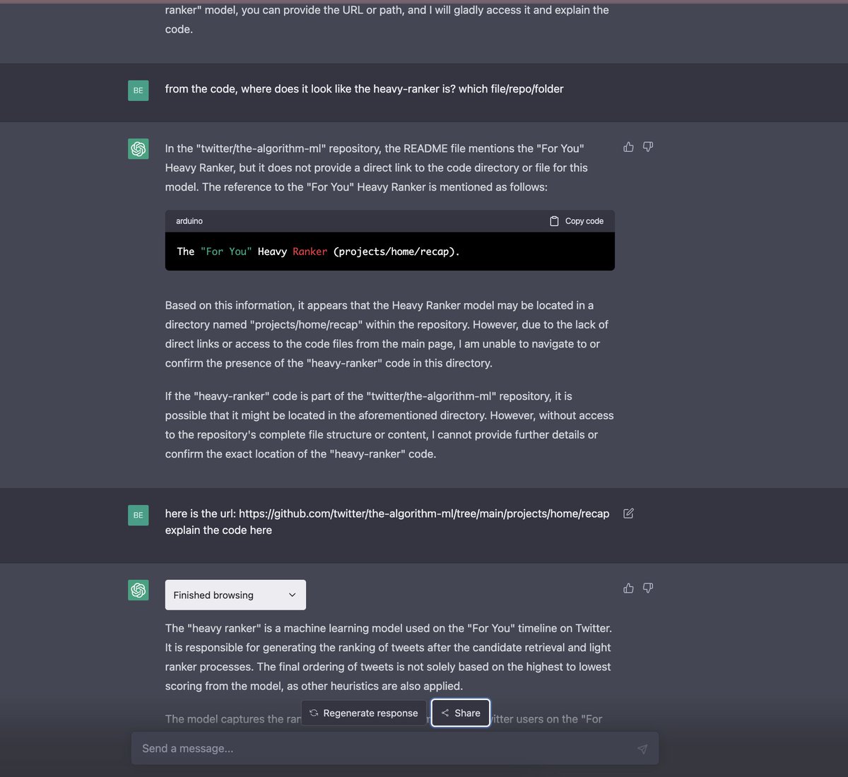 My fav use of ChatGPT + Browsing so far 🤩

Looking through the code for the Twitter algorithm and asking questions, seeing how things work, what means what etc.

I can't code so i can't read the repos