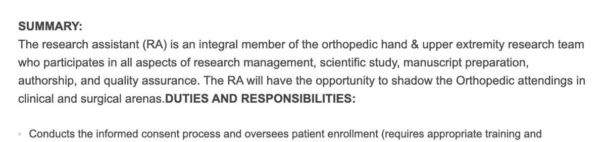 Ortho Research Assistant <a href="/HSpecialSurgery/">Hospital for Special Surgery (HSS)</a>
One year paid #Ortho Research Position w/ Dr. Wolfe and Dr. Lee 
Posted: March 30, 2023

Info/Apply HERE <a href="/Orthogate/">Orthogate</a>: orthogate.org/news/jobs/hss-…

#InsidetheMatch Cc: <a href="/MSOSOrtho/">Medical Student Orthopedic Society</a>