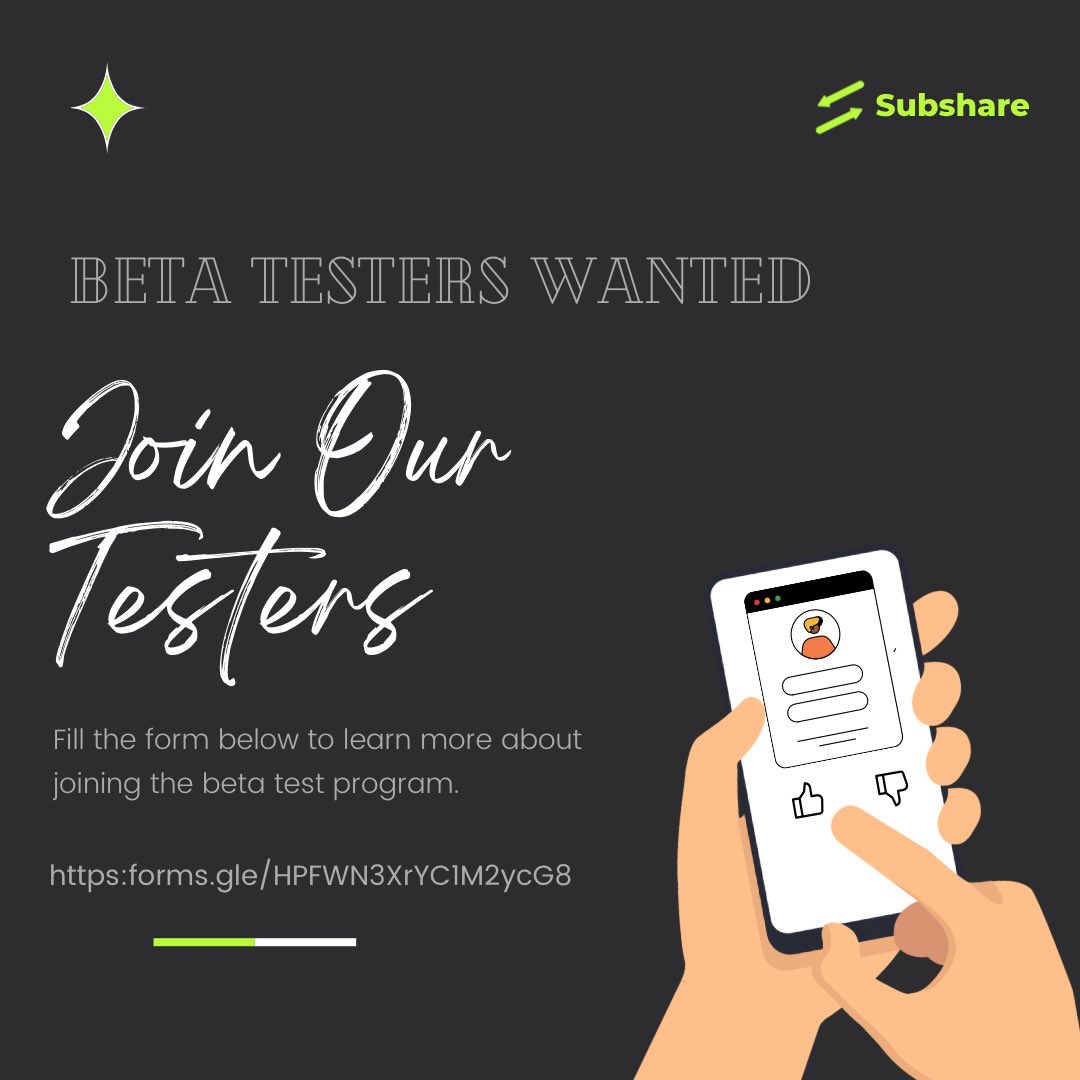 UseSubshare's tweet photo. Hey👋 

Subshare is looking for beta testers to take the Subshare app for a test drive! 

If this is something you're interested in, please fill in this form: https://t.co/3WplYd4jjW https://t.co/J0Pwt7VDo5