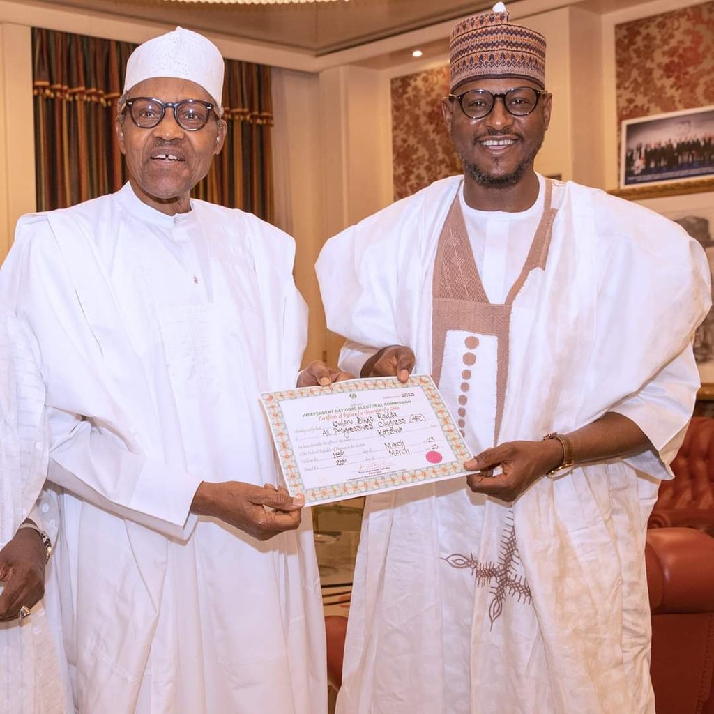 dikko_radda's tweet photo. Earlier today, alongside the Executive Governor of Katsina State, Rt. Hon. Aminu Bello Masari, I presented my certificate of return to President Muhammadu Buhari, GCFR, at the State House, Abuja. I thanked Mr President for his unwavering support through out our campaign. https://t.co/Kfa3jrnvhP