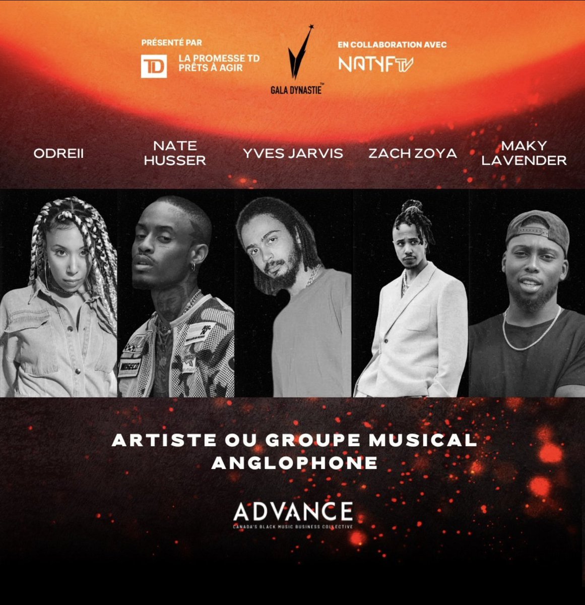 ADVANCE présente la catégorie Artiste anglophone de l'année 2023 au <a href="/GalaDynastie/">Gala Dynastie</a>!  

Toutes nos félicitations à : 
Odreii <a href="/itsOdreii/">Odreii</a>
Nate Husser <a href="/mfnweirdo/">NATE HUSSER - WORLDWIDE</a>
Yves Jarvis <a href="/yvesjarvis/">Yves Jarvis</a>
Zach Zoya <a href="/Zachzoya/">Zach zoya</a> 
Maky Lavender <a href="/MakyLavender/">Maky Lavender</a>
 
Rendez-vous là-bas ce week-end!