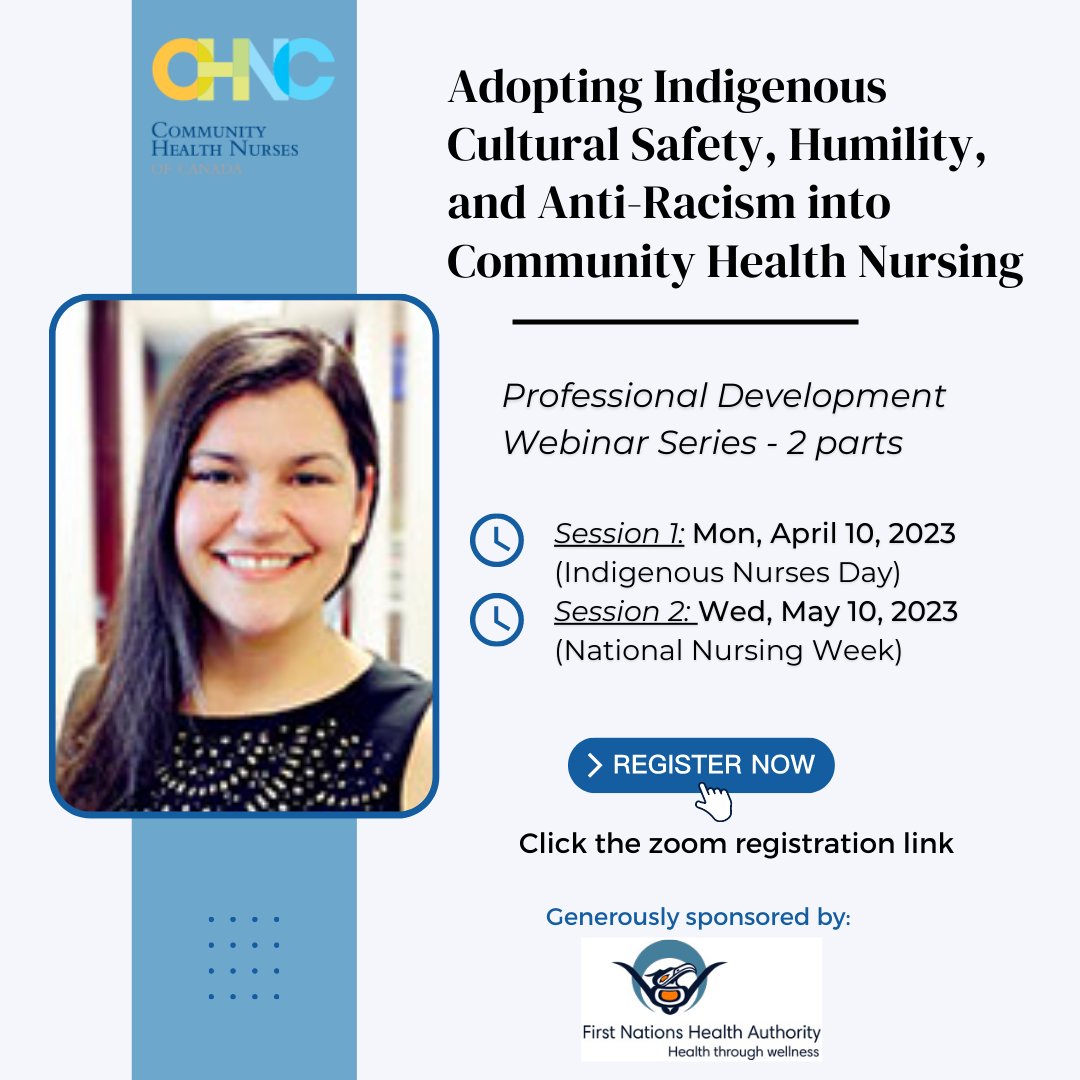 CANN (@cannneonatal) on Twitter photo It's not too late to register for the 2-part webinar series hosted by <a href="/CHNC_IISCC/">Community Health Nurses of Canada</a> in April & May!
This series is presented by Dawn Tisdale, an RN of mixed Mi’kmaq and European ancestry!
Register here:
us06web.zoom.us/meeting/regist… It's not too late to register for the 2-part webinar series hosted by <a href="/CHNC_IISCC/">Community Health Nurses of Canada</a> in April & May!
This series is presented by Dawn Tisdale, an RN of mixed Mi’kmaq and European ancestry!
Register here:
us06web.zoom.us/meeting/regist…