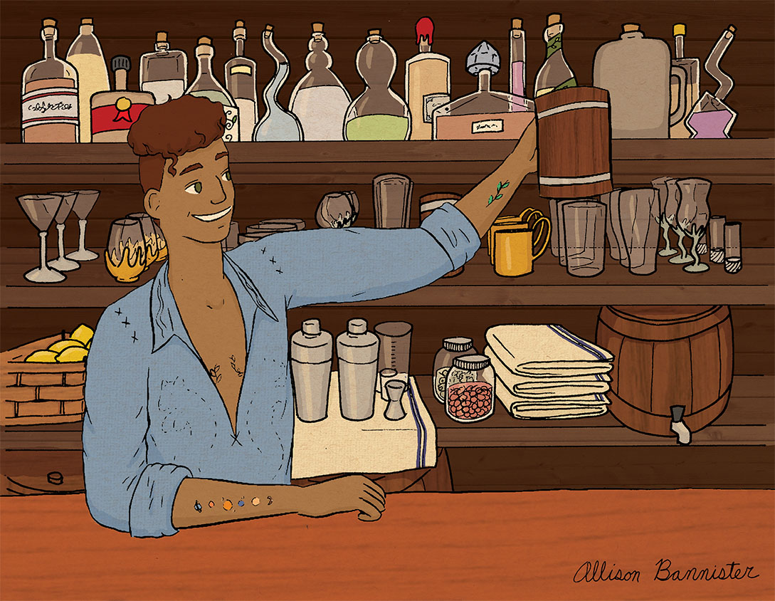 BasicTelepathy's tweet photo. This month's drawing is also a celebration of Trans Day of Visibility!  Markus is a bartender and apprentice wizard, who is also trans.  Art reference from @AdorkaStock.  I was just going to do inks, but my hand slipped. https://t.co/GU6q812kVe