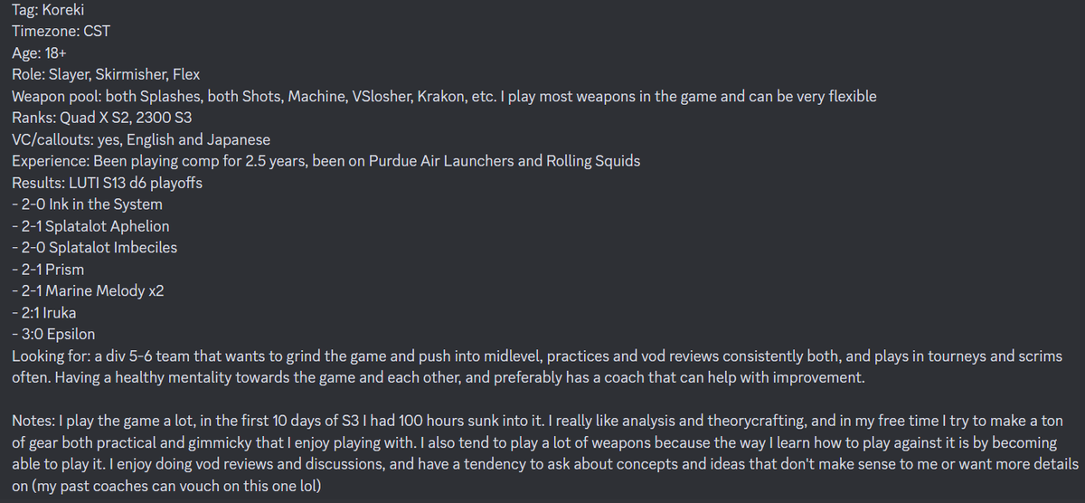 Koreki50's tweet photo. With Rolling Squids going on hiatus, I'm looking for a new team to join. Here's my FA post, RTs appreciated. DM me on Discord at Koreki#3503 if interested! https://t.co/KPXcJgBxYB