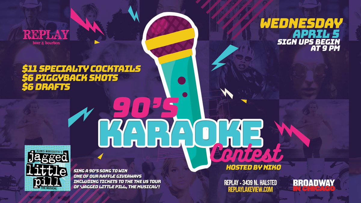 Are you all that and a bag of chips?! Now’s your chance to show off your chops at our 90s Karaoke Contest. Sing a 90s Song to win one of our raffle giveaways including tickets to the US Tour of JAGGED LITTLE PILL! 

Wed, Apr 5
Sign ups begin at 9pm