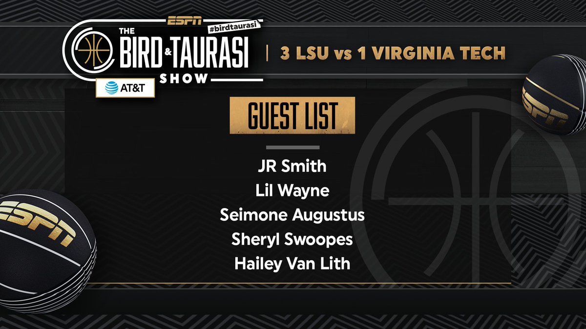 ESPNPR's tweet photo. The Bird &amp; Taurasi Show Presented by AT&amp;T is back!

Friday, special guests join @S10Bird &amp; @DianaTaurasi for the 1st #WFinalFour matchup of the night

No. 3 @LSUwbkb vs No. 1 @HokiesWBB
🏀 7p ET | ESPN2, @ESPNPlus 

#birdtaurasi https://t.co/HA7u8cddeM