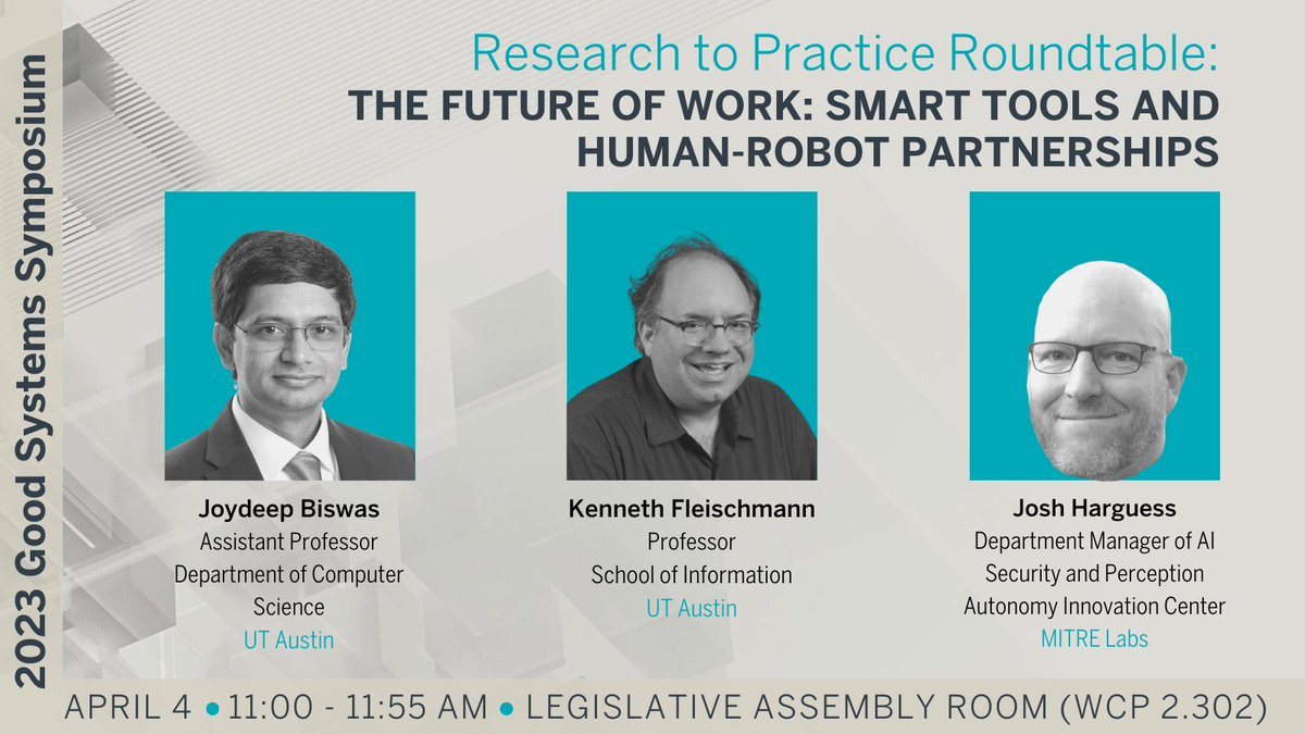 Good Systems (@utgoodsystems) on Twitter photo As we imagine the future of work, what does a trustworthy human-AI partnership look like? Dr. Ken Fleischmann (<a href="/UTiSchool/">School of Information - UT Austin</a>), Dr. Joydeep Biswas (<a href="/UTCompSci/">Computer Science at UT Austin</a>) & Dr. Josh Harguess (<a href="/MITREcorp/">MITRE</a>) will discuss on April 4 at 11am. RSVP: bit.ly/3KXimzX #UTEthicalAI As we imagine the future of work, what does a trustworthy human-AI partnership look like? Dr. Ken Fleischmann (<a href="/UTiSchool/">School of Information - UT Austin</a>), Dr. Joydeep Biswas (<a href="/UTCompSci/">Computer Science at UT Austin</a>) & Dr. Josh Harguess (<a href="/MITREcorp/">MITRE</a>) will discuss on April 4 at 11am. RSVP: bit.ly/3KXimzX #UTEthicalAI