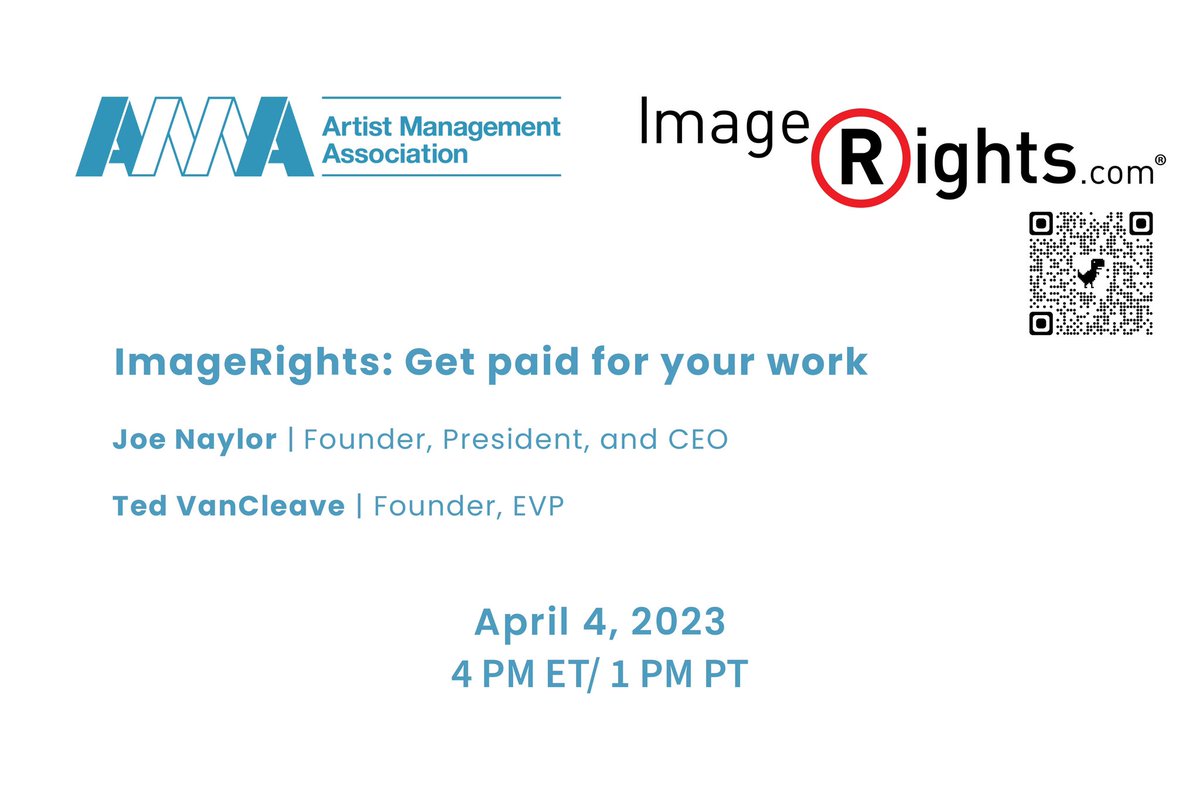 ImageRights's tweet image. Exciting news! Join our founders @joeynaylor &amp;amp; @TedVancleave as they host a FREE webinar in partnership w/ @ArtistMgmtAssoc to discover how to protect your photos and get paid for your work!
📅 Apr 4, 2023, 04:00 PM ET/1:00 PM PT
💻 Register now! bit.ly/3zmJ8dT
