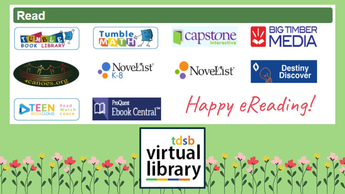 Did you know: your TDSB Virtual Library has nearly 7,000 eBooks to choose from? Fiction &amp; nonfiction; books for inquiry &amp; books for fun; picture books, chapter books, graphic novels, audiobooks, and more! Visit tdsb.on.ca/library/HOME/R… to get started. Happy eReading!