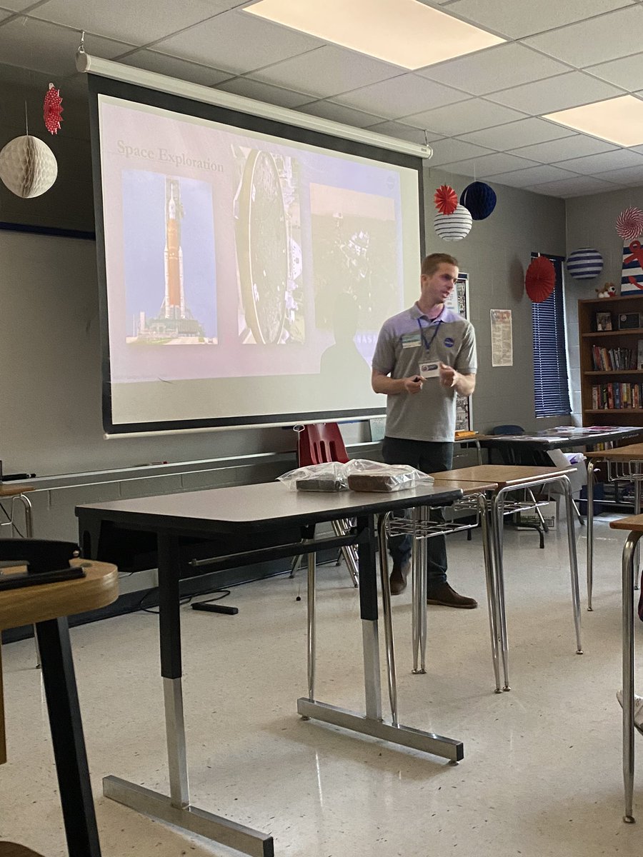 MrsHarrisGCPS's tweet photo. He said his most asked question was, “Is Mrs. Harris your wife?”😂 Followed by, “Have you ever been to space?” (The answer to that is his wife wouldn’t let him even if he could.) Shout out to my husband for sharing his work at NASA at Career Day! The kids were excited &amp; engaged! https://t.co/aD2Bb3dLBQ