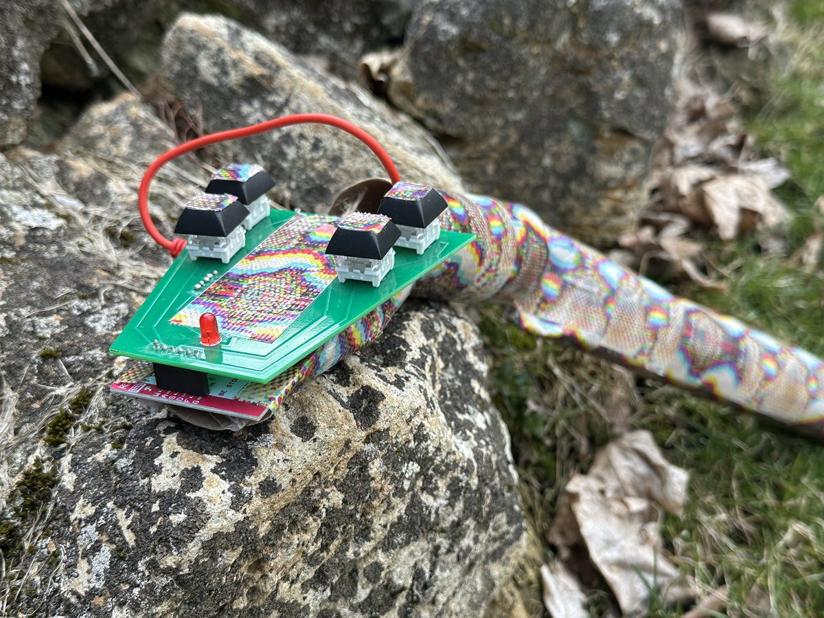 patchr_io's tweet photo. We love #makeymakey projects, and we also love custom #electronics! Check out this snake prototype made with a @makeymakey and our ClickClack Backpack PCB lesson 😍 #stemeducation #Patchr https://t.co/p3RbyVTOS9