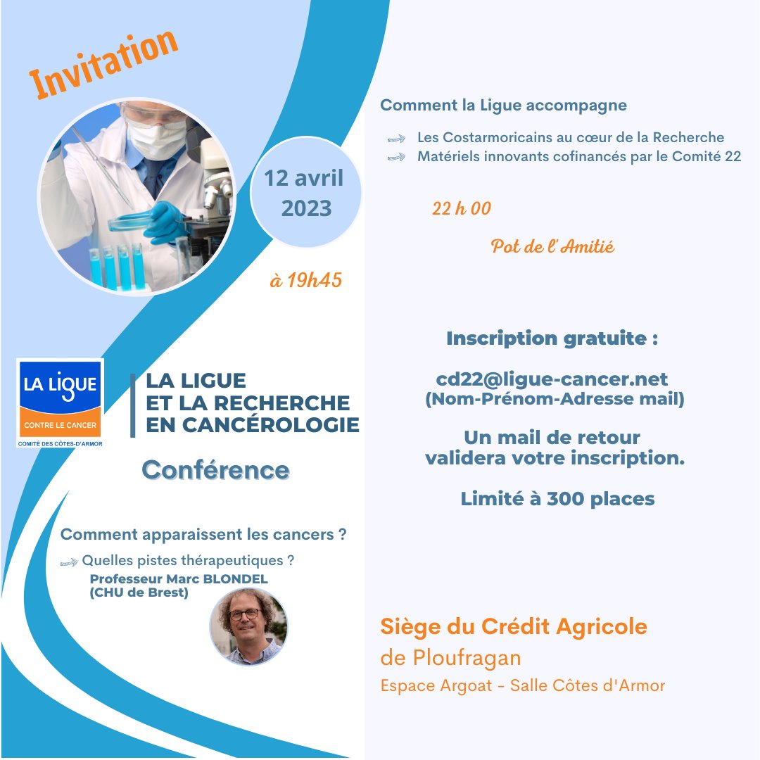 Le 12 avril le Comité 22 de la Ligue contre le cancer vous invite à une Conférence.

Inscription gratuite.