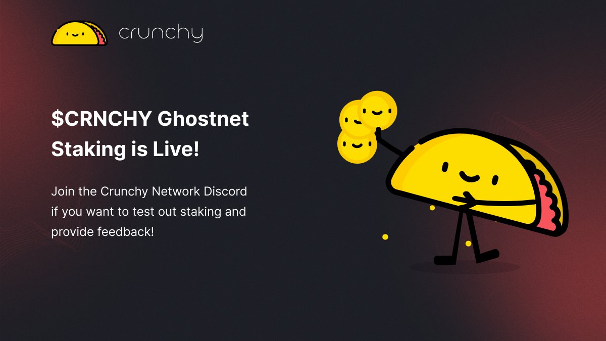 📣 Calling all $CRNCHY holders!

🚨We need you to test out the new $CRNCHY staking function!

👻 Ghostnet Staking: 
app-crunchy-network-pr-85.onrender.com/#/stake 

If you need some Ghostnet $CRNCHY to test with, head over to our Discord DAO channel to get started. 👇

Discord:
discord.gg/xKg7tbRZwG