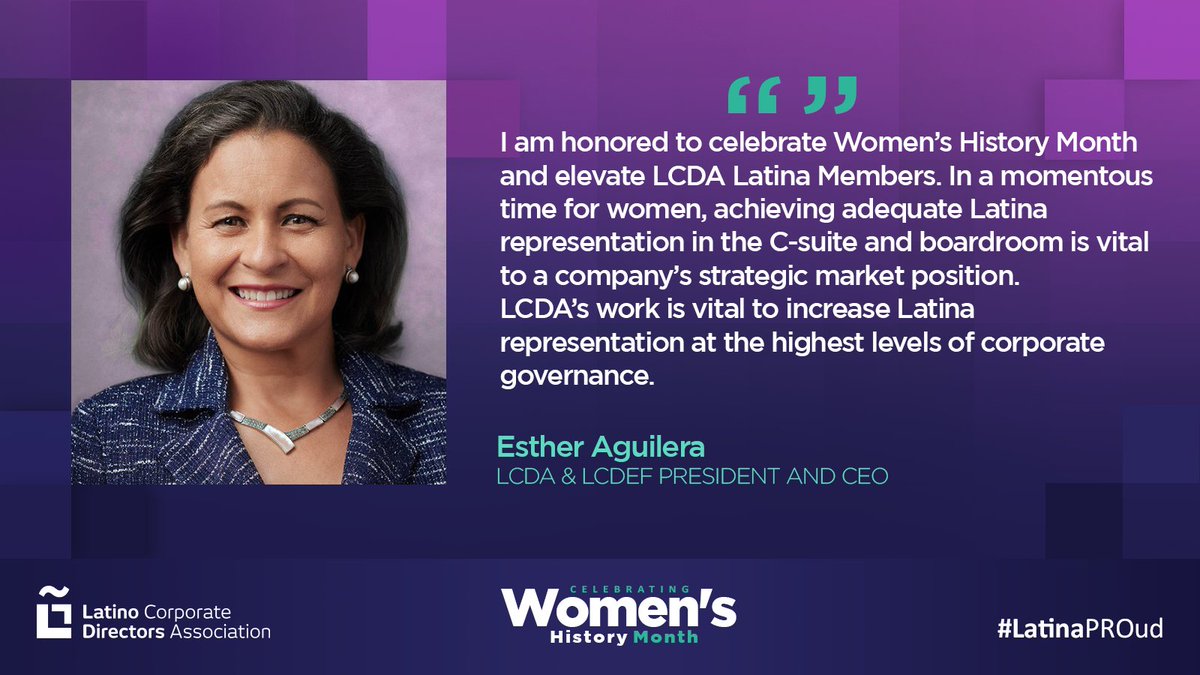 LCDA is honored to celebrate women and LCDA’s Latina leaders, during #WomensHistoryMonth and Beyond! We are proud to highlight #LCDACEO, Esther Aguilera, and the vast wealth of #Latina talent both in the boardroom and at the C-level. 

#LatinaPROud  buff.ly/3yBUJ8I