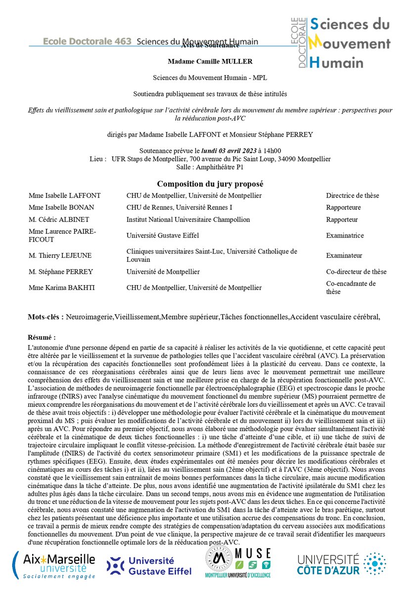 🚨 PhD Defence 👩‍🎓 
<a href="/_CamilleMuller_/">Camille Muller</a>  <a href="/EuroMov/">EuroMovDigitalHealthMotion @euromovdhm.bsky.social</a> <a href="/umontpellier/">Université de Montpellier</a> <a href="/CHU_Montpellier/">CHU de Montpellier</a> <a href="/ReArmProject/">ReArm Project</a> will present her PhD works at <a href="/UFRStapsMontpel/">UFRStapsMontpellier</a> on April 3, 2:00PM. ⏲ 
Abstract below 👇