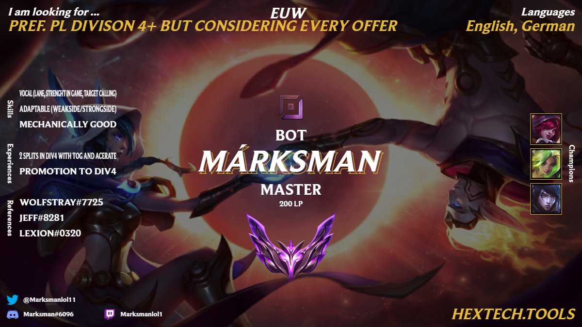 After my last split in <a href="/TPR_LoL/">The Prometheus Revolution</a> i am now LFT. I am defenetly considering every option, but would pref to play in Div4. Looking forward to tryouts and proving myself!

<a href="/lft_prime/">Prime League LFT</a>