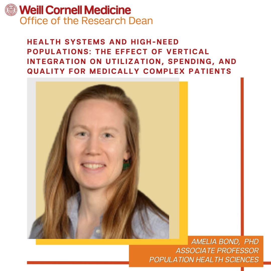 WCMResearch's tweet photo. Dr. Amelia Bond of @WCMPopHealthSci received a $1.6M grant from @AHRQNews for a study entitled “Health Systems and High-Need Populations: The Effect of Vertical Integration on Utilization, Spending, and Quality for Medically Complex Patients.” https://t.co/1XibEfvyw0