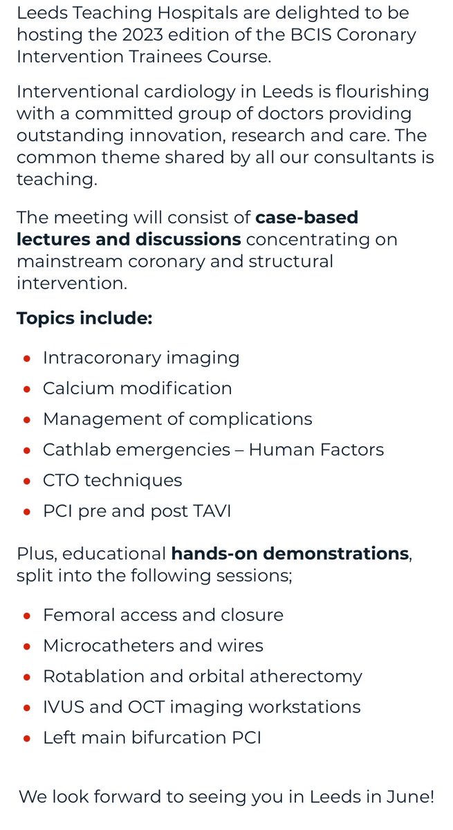 📣 Save the date & register today for the @BCIS_uk Trainees Course @LeedsHospitals Comprehensive program & distinguished faculty in #PCI & #TAVI #CardioTwitter @TheBJCA @cardiorespLTHT @BcsPresident @MillbrookMed