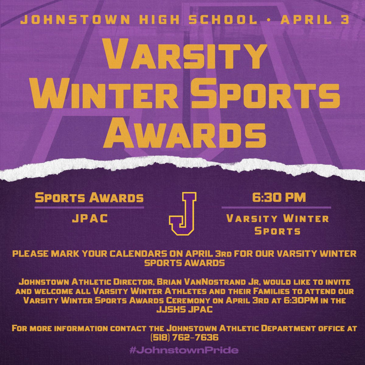 Attention all Varsity Winter Athletes and their families.

You are invited to attend our Varsity Winter Sports Awards Ceremony this Monday, April 3, at 6:30 PM in the JJSHS JPAC.

#JohnstownPride
