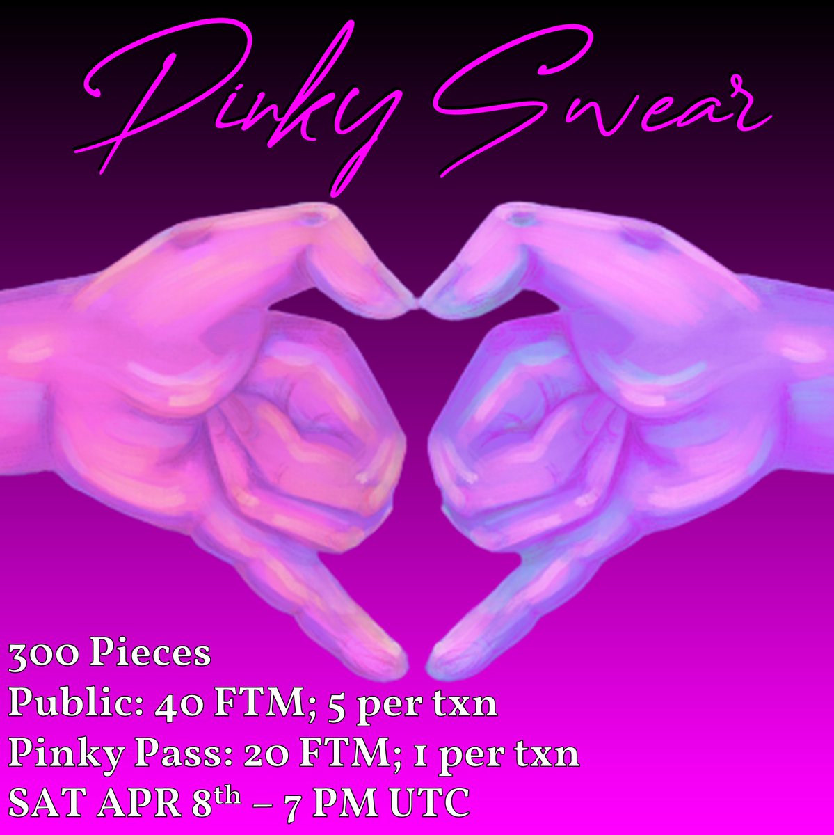 💳Pinky Pass: 50% off mint (20 FTM for holders)
💳Artists, Pinky Holders &amp; Auction Winners rec'd
🏦Check wallet for 🪂, only need one
🛒Mint Sat April 8th - 7 PM UTC 
✔️Follow <a href="/pinkyswearNFTs/">Pinky Swear💗🤬</a>, Like, &amp; RT
✨3 Winners: Pinky Pass Each
🎉Ends Monday!