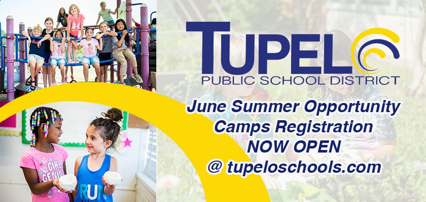 tupeloschools's tweet photo. Summer Opportunity Camps in June are back. Make sure to register now, as slots fill up quickly. Each week-long camp for #TPSD students who have completed grades PreK-6 is $90.

💻 Register here: https://t.co/WdAAgDiBWG https://t.co/WZfOpOCodG