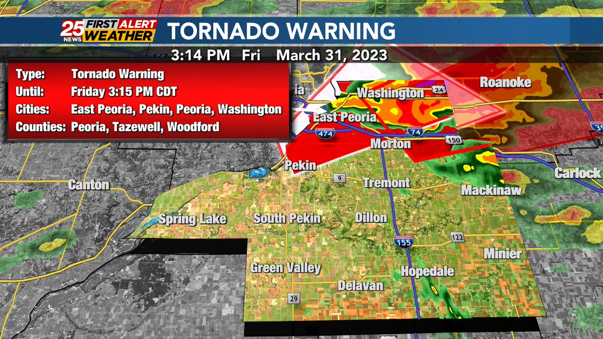 25NewsWEEK's tweet photo. TORNADO WARNING: In effect for TAZEWELL COUNTY until Mar 31 3:45PM. 
Take shelter now! Follow 25 News on-air and online for the latest. #ILwx https://t.co/sW08gX885A