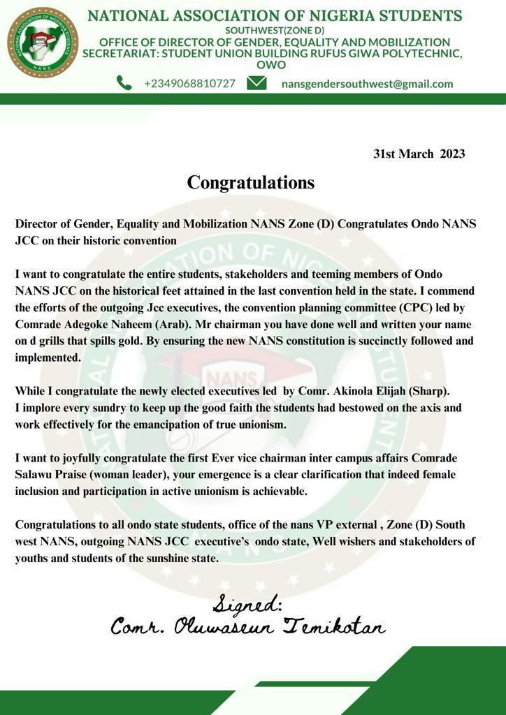GENDERNANS's tweet photo. Congratulations to the newly elected Executive Nans Jcc Ondo aixs @NANS_HQ @NANS_DSp @nansvpexternal @SenateofNans @NansSouthwest @comradekpe @nansngr @AlaoJohn14 @nansjccondoaxis @NANSZoneD_PRO https://t.co/xhfGsL4U6r