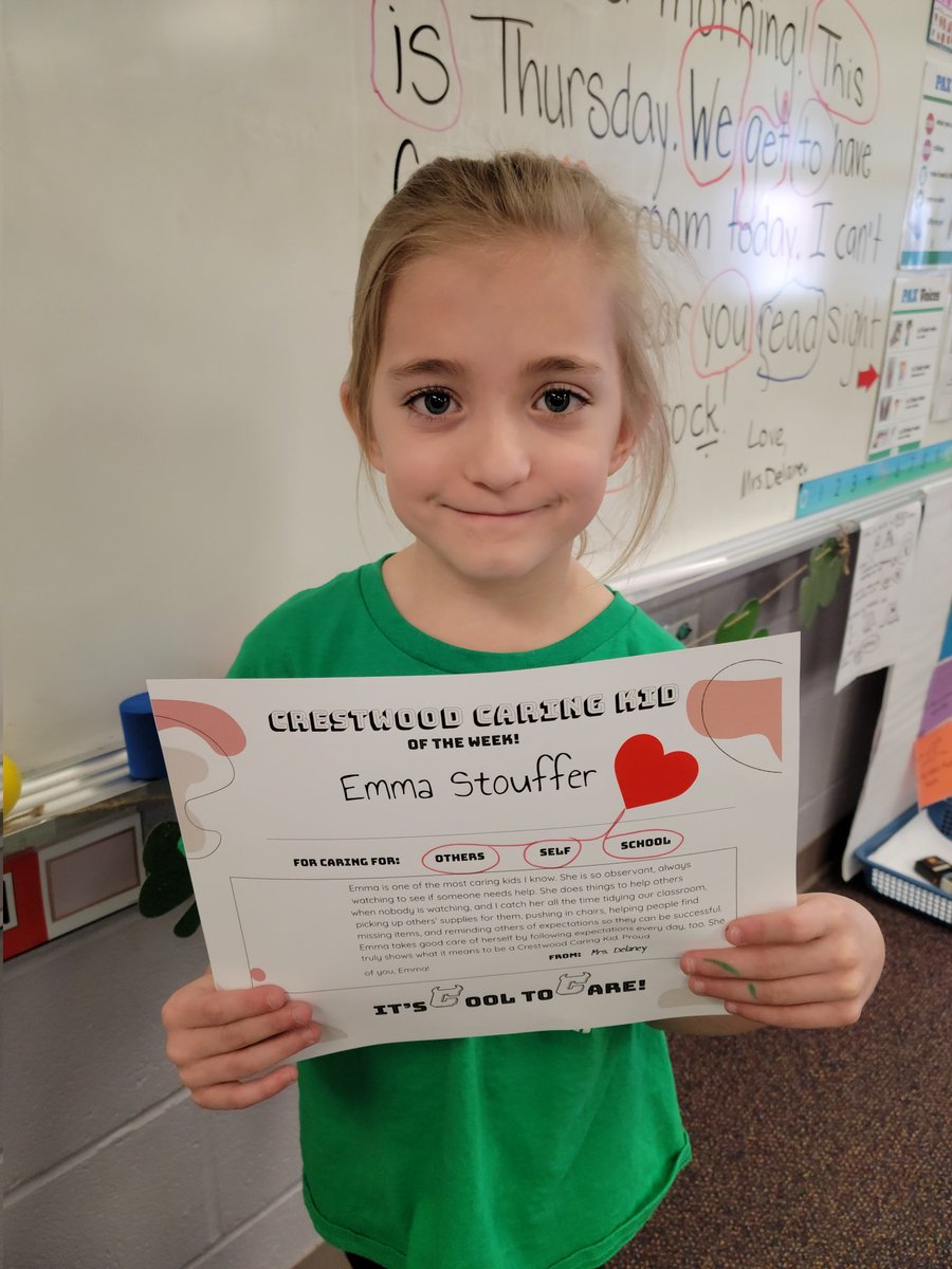 Emma is my Crestwood Caring Kid of the week! She helps others pack up, pushes in chairs for friends who forgot, reminds friends to do things to help them out, and more. She is always thinking of others ❤️ Proud of you, Emma!