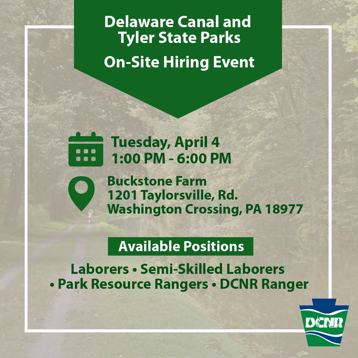 DCNRnews's tweet photo. #DelawareCanalStatePark and #TylerStatePark are looking to fill a variety of positions across multiple fields at this upcoming on-site hiring event. Make sure to bring two forms of ID with you. Apply before the event to save time here ➡️ https://t.co/PId3c45h5M. #PaStateParks https://t.co/otvbUOaMFk