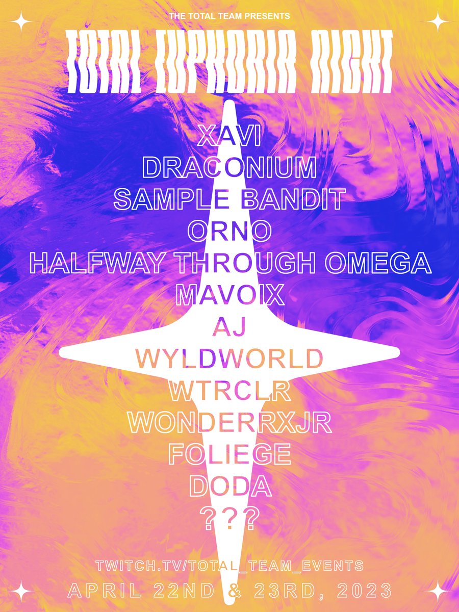 TotalTeamEvents's tweet image. Our incredible lineup in no particular order!!
@xavimakesmusic
@/Draconium
@sample_bandit
@ornomusic
@HalfwayOmega
@itsmavoix
@aj8340
@/WYLDWORLD
@wtrclrmusic
@wonderrxjr
@foliege
@dodado23
 ????
@SpiceVisuals