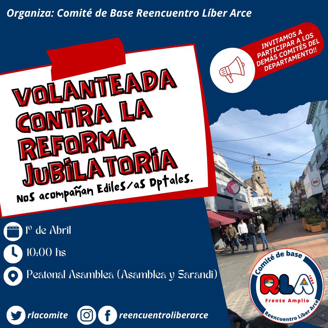 Mañana 1ero de Abril nos encontramos a partir de las 10:00 hs en la Peatonal Asamblea para volantear contra la reforma jubilatoria!      
Invitamos a todos/as los/as compañeros/as y demás comités de departamento, acércate a militar!