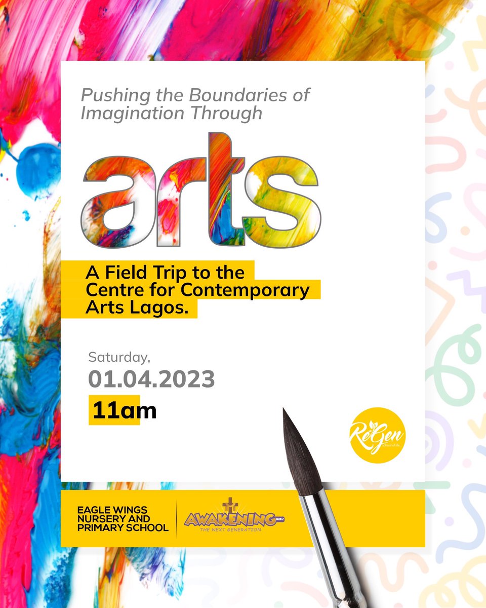 Join us for a field trip of art and inspiration at the centre for Contemporary Arts Lagos. 

Date: April 1st 2023 
Time: 11:00 am 

Let's explore the creative expressions of talented artists together!

#ReGenFoundation #artexhibition #childrenfoundation #childcreativity