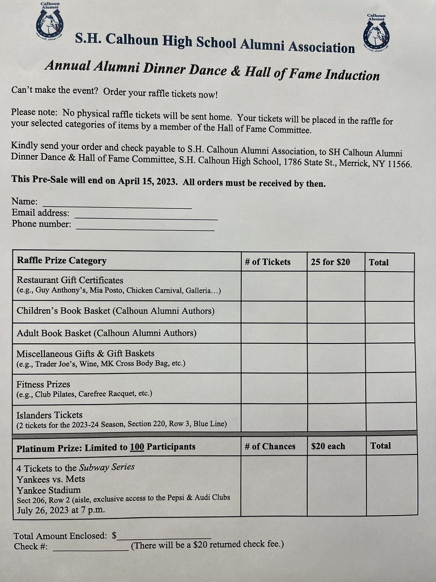 Calling all Calhoun Colts Alumni! Can’t make the Alumni Dinner Dance?  You can still participate in our raffles:  Presale runs through 4/15! <a href="/bmchsd/">BellmoreMerrickCHSD</a> <a href="/NBUFSDPride/">NBUFSD-All Are Welcome And Celebrated!</a> <a href="/MerrickUFSD/">Merrick UFSD</a> <a href="/NMerrickSchools/">N Merrick Schools</a>