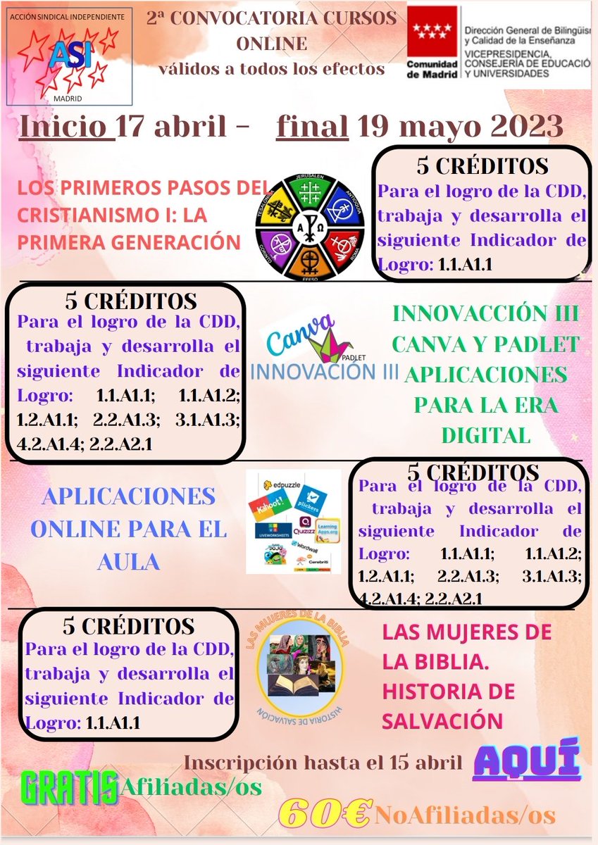 Para profesores y maestros de la Comunidad de Madrid
Ya está abierta la inscripción de la *2ª CONVOCATORIA*, Inicio 17 abril - final 19 mayo 2023. Puedes hacerlo en : asimadrid.es/inscripcion/  

Toda la *información* en asimadrid.es/2a-convocatori…