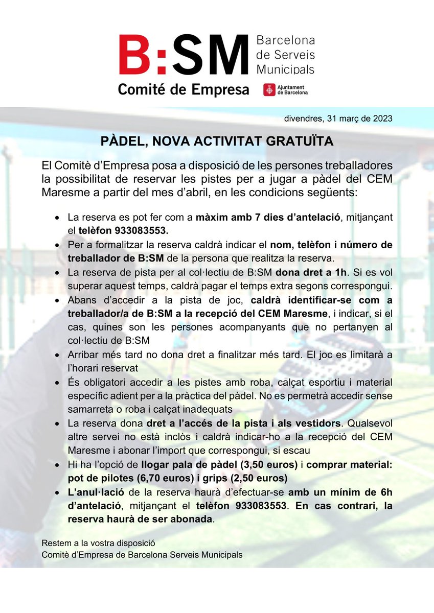 Pàdel, nova activitat gratuïta per a les persones treballadores de Barcelona de Serveis Municipals, financiat amb el fons d'activitats que gestiona el Comitè d'Empresa