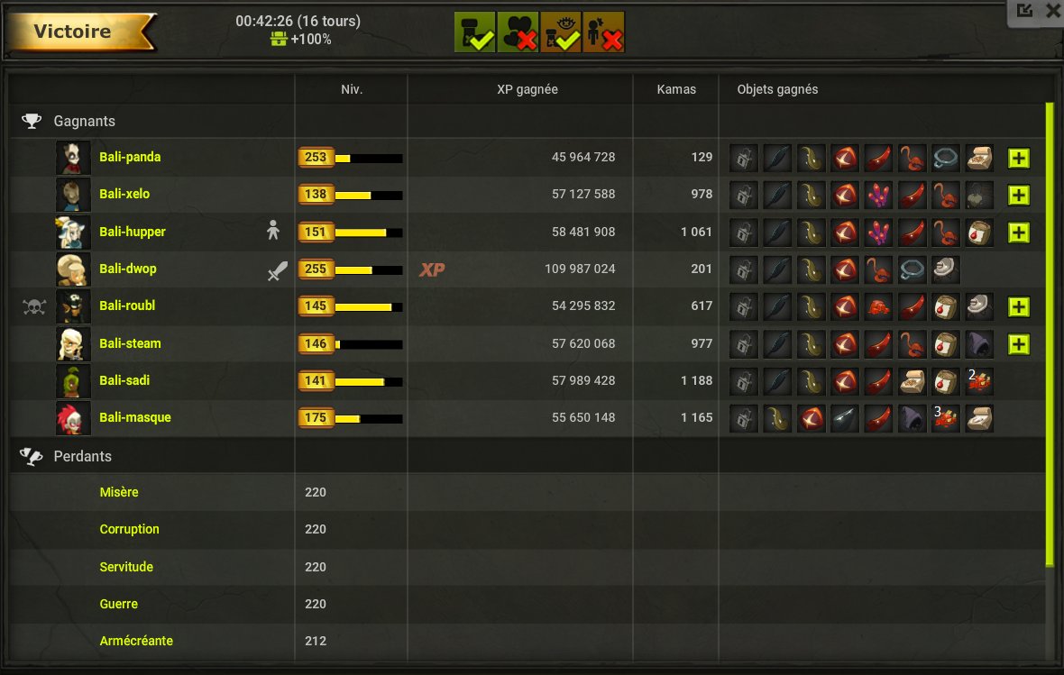 Avancement du dofus cauchemar sur les 19
4 Cava réaliser en panda tank + enu multi do crit pour le délock des passifs Corruption et 6 perso au choix
Succès liberté par default, il change rien au combat, (fail sur la première à cause d'avarice)