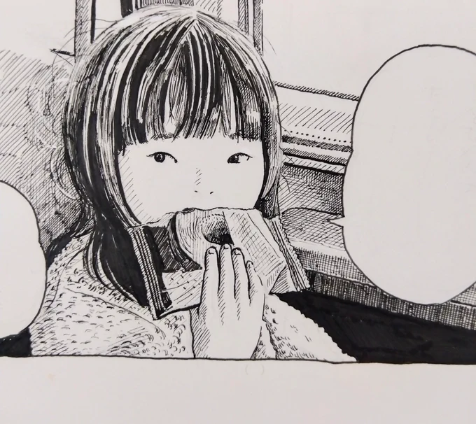 漫画、少しずつ描いてます。バームクーヘンを食べる娘。 