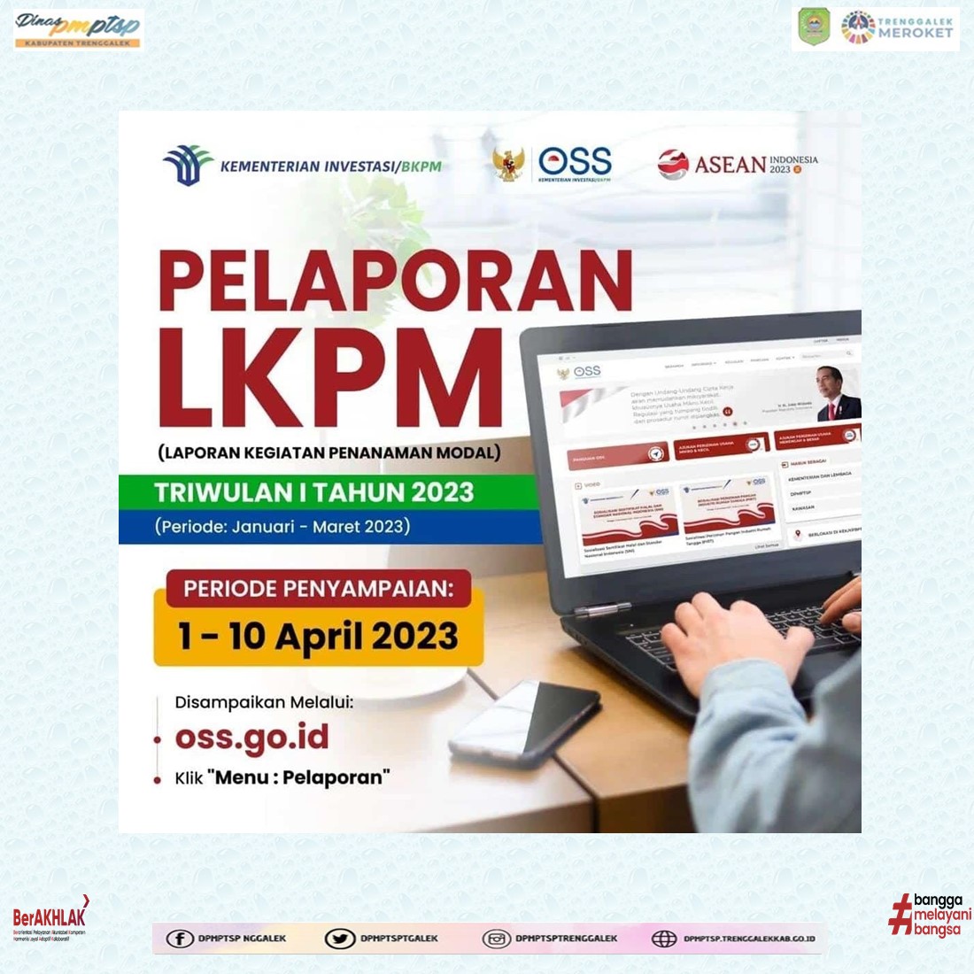 DPMPTSPTGalek's tweet photo. Haloo sobat Invest…
Yuukkk…. Segera sampaikan LKPM usaha anda periode Triwulan 1 (Januari – Maret) tahun 2023.
Penyampaian LKPM dapat dilakukan melalui https://t.co/rIinEDnePV mulai 1 – 10 April 2023 mendatang.
Terimakasih…🙏🙏
#lkpm
#repost @bkpm_id
#dpmptsptrenggalek https://t.co/RgiKoxvN0l