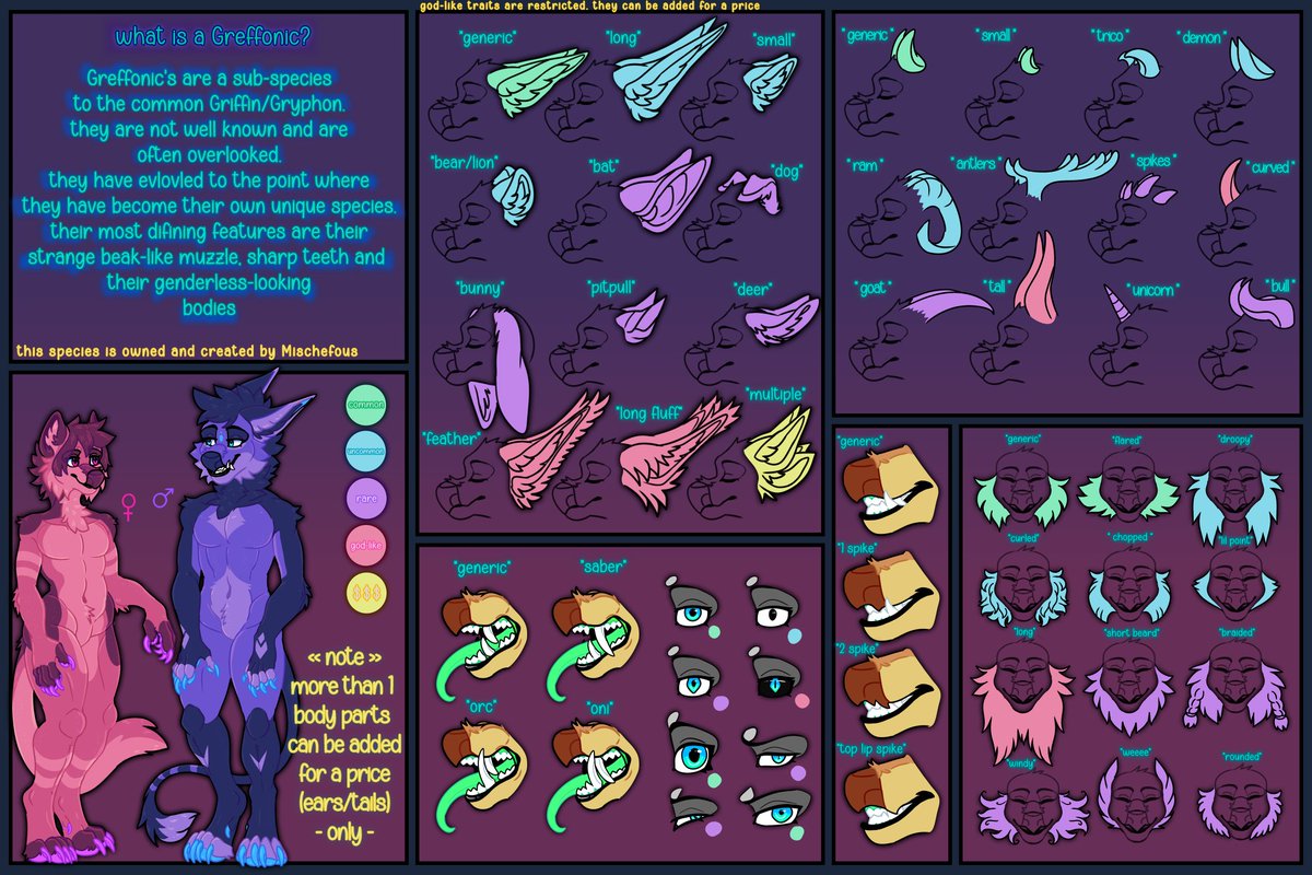 Mischefous_7's tweet photo. Here is my updated Greffonic species guide! This took so long to remake but im very happy with it now. (my previous one just looked terrible and some info has changed since then)
- a Greffonic Discord is in the works
#originalcharacterart #furryart #furryartist #greffonic https://t.co/WYezdvgXmc