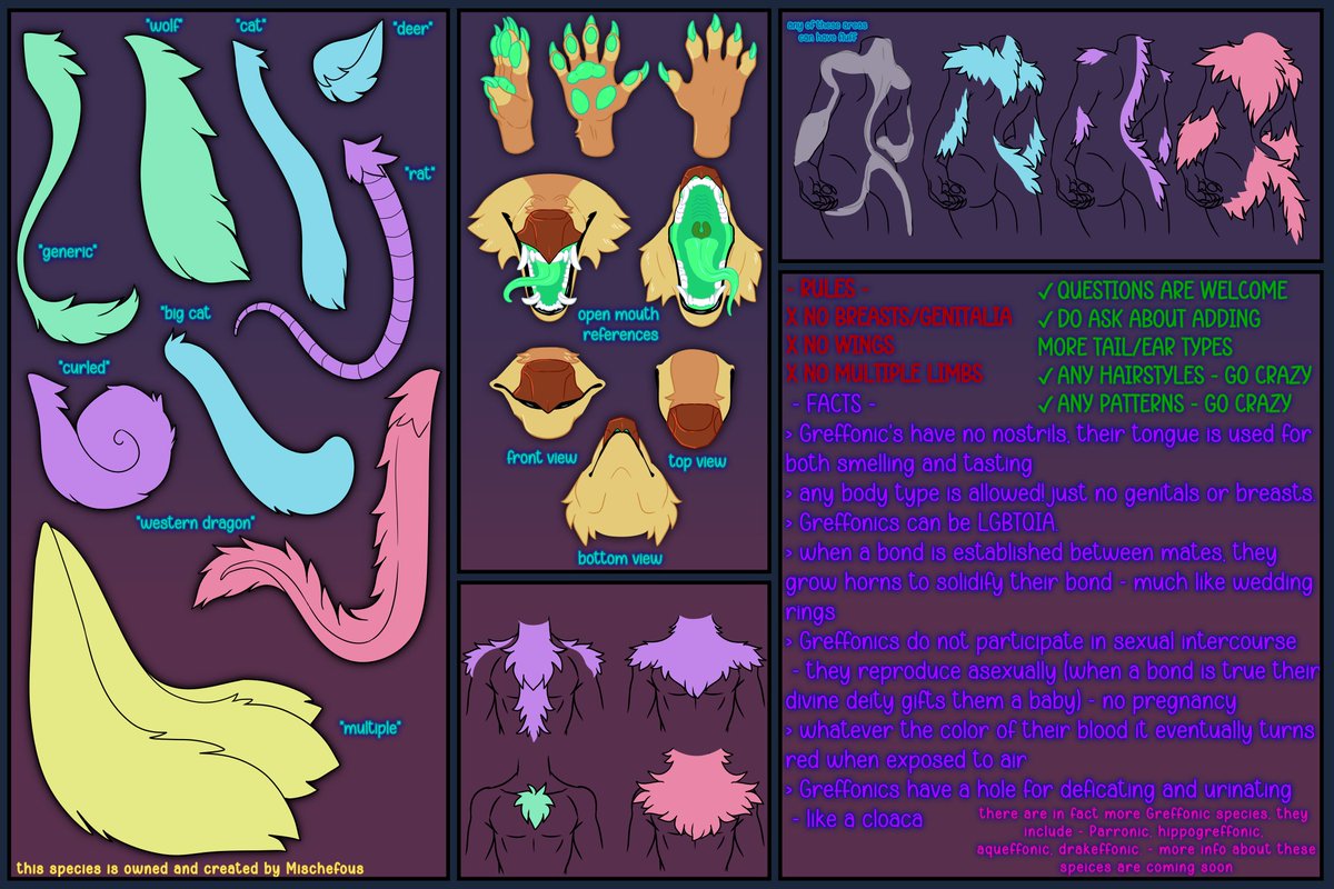 Mischefous_7's tweet photo. Here is my updated Greffonic species guide! This took so long to remake but im very happy with it now. (my previous one just looked terrible and some info has changed since then)
- a Greffonic Discord is in the works
#originalcharacterart #furryart #furryartist #greffonic https://t.co/WYezdvgXmc