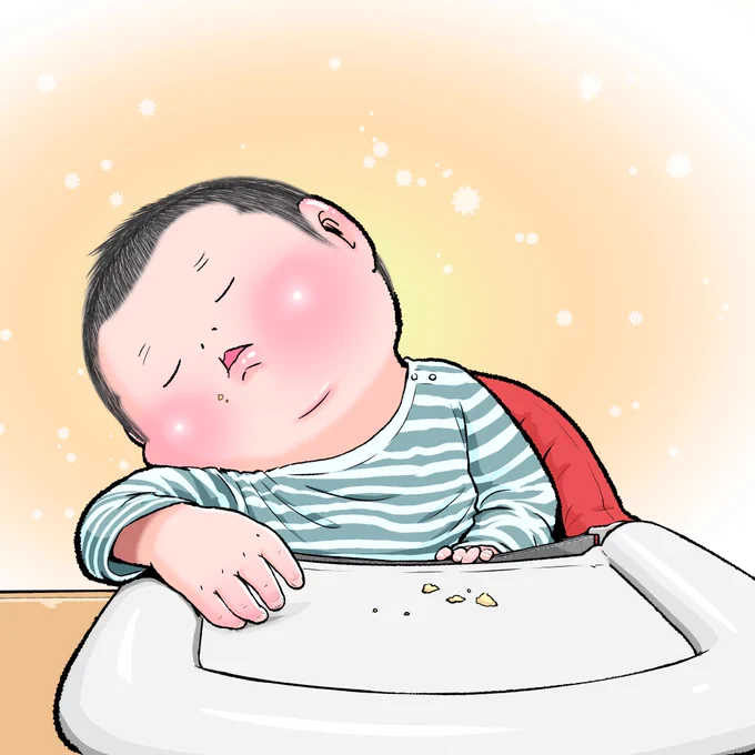 おやつ食べたら寝ちゃったの図。(ぷにすけ:1歳4ヶ月頃)#育児絵日記 